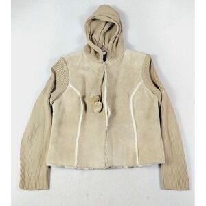 Q.U.E Jacket Womens Large Beige Leather Hooded Knit Sleeves Faux Fur Lined